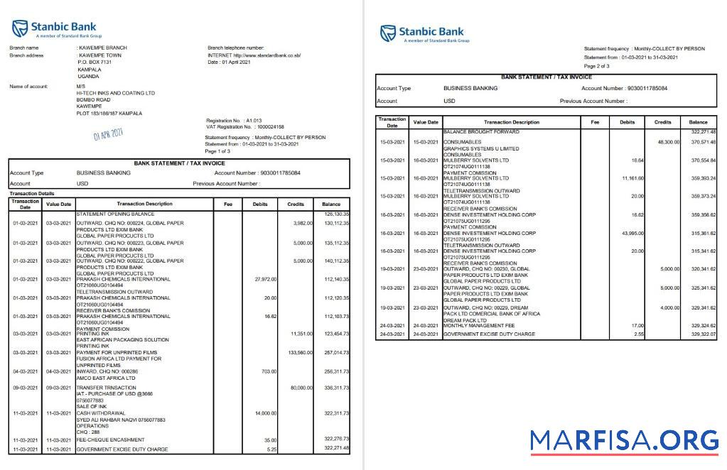 Realistic Uganda Stanbic Bank Excel sample